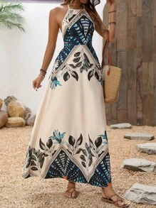 Breezaya Ladies' Sleeveless Backless Print Halterneck Dress For Summer Maxi Vacation Beach Outfits Women