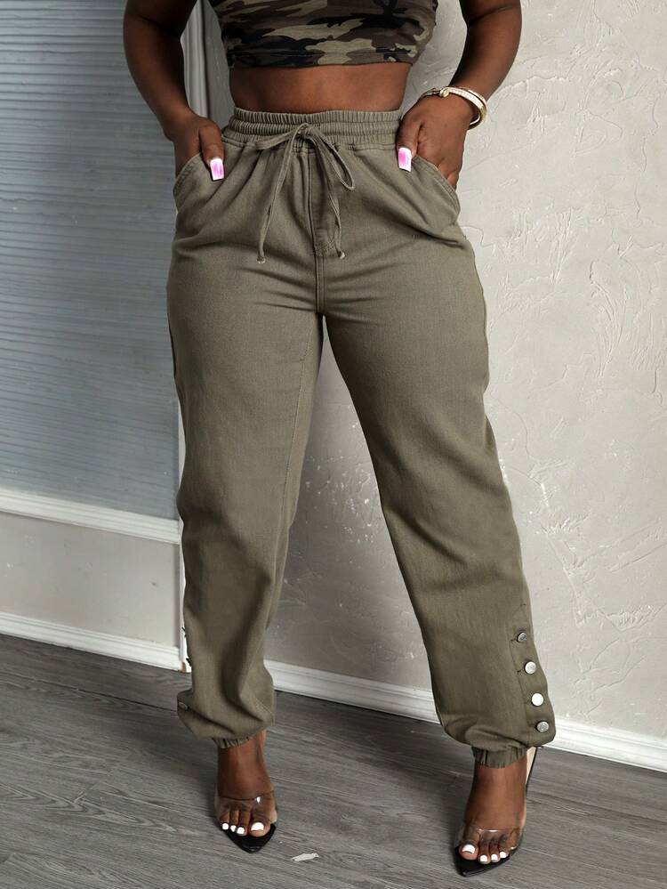 Women's Mid-Waist Drawstring Denim Casual Jogger Pants