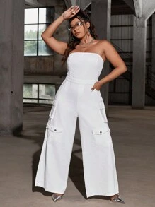 SHEIN ICON Plus Size Denim Jumpsuit Dạo Phố Quây Gợi Cảm Rompers Cotton Trắng Tổng Thể Quần - trắng - Xem 1
