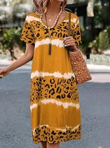 INAWLY Vestido casual de verano para mujer con cuello en V estampado de leopardo de manga corta y corte recto