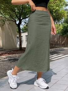 SHEIN EZwear Summer Solid Color Simple Casual Light-Weight Long Skirt - Army Green - View 3