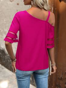 SHEIN LUNE Asymmetric Collar & Mesh Splice Casual Shirt One Shoulder Top - Hot Pink - View 2