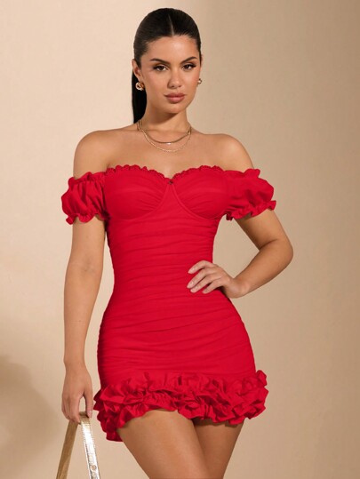 SHEIN BAE Vestido de verano blanco con escote corazón, corte ajustado al Body, diseño fruncido, mangas de encaje con diseño de flor, dobladillo abullonado, tela de chiffon, perfecto para citas, bodas, vacaciones en la playa o uso diario.