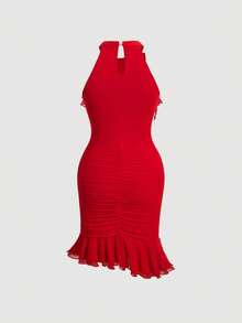 SHEIN MOD Plus Size Red Mesh Bodycon Mini Dress With Ruffle Hem And Sleeveless Design - Red - View 2