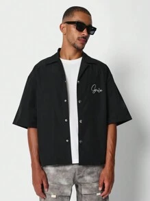 SUMWON Boxy Fit Nylon Shirt With Back Number Graphic Print - Black - View 2