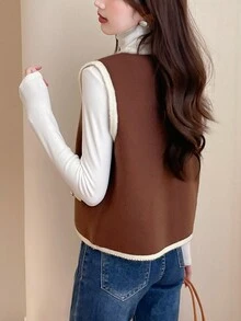 Alicedudu 女士休闲 V 领拼色毛衣背心，春秋 - 棕色 - 查看 2