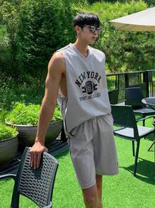 DAZY 男士夏季字母印花背心套裝 - 灰色 - 查看 9