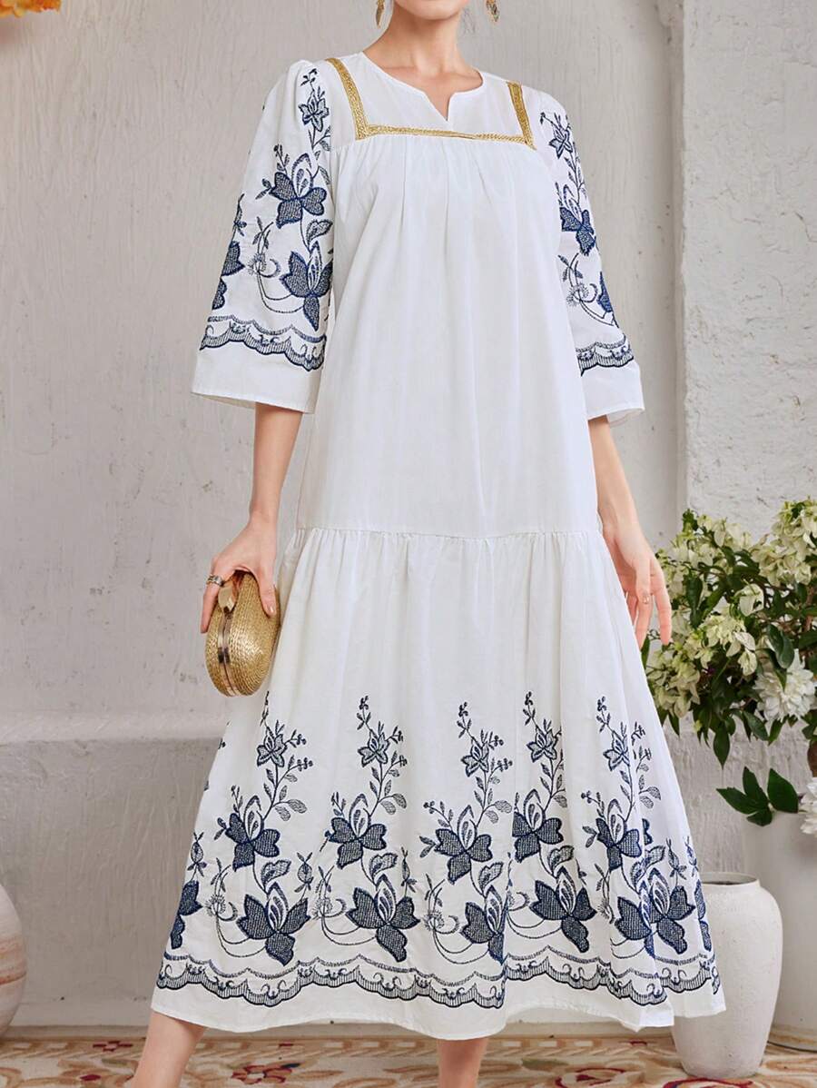 Mulvari Elegante vestido de manga larga para dama con bordado de flores de moda