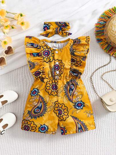 Macacão de Impressão Bohemian Retro para Meninas Bebês, Roupa Casual