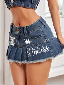 SHEIN ICON Váy denim có tua rua in chữ mùa hè dành cho nữ, gợi cảm - Màu xanh lam - Xem 1
