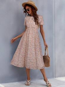 SHEIN LUNE Elegante Vestido Midi Floral Para Mujeres, Escote Redondo, Diseño En Capas, Fácil Cuidado & Duradero, Perfecto Para Outfits Casual De Verano - Rosa - Ver 5