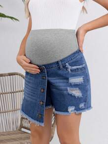 SHEIN Maternity Casual Fit Denim Shorts With Skirt Layer And Distressed Details, Blue