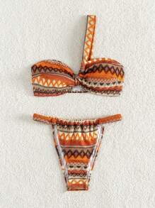 女士度假几何印花单肩性感比基尼套装夏季