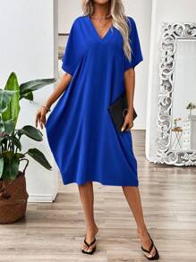 SHEIN LUNE Vestido de verano azul con escote en V y forma en O - Azul - Ver 6