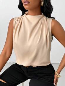 SHEIN Slayr Mùa hè thường ngày màu trơn cổ đứng áo sơ mi áo xếp ly không tay, màu trơn, cổ áo đứng, không tay, xếp li, áo crop top mùa hè, trang phục mùa hè - Màu Khaki - Xem 6