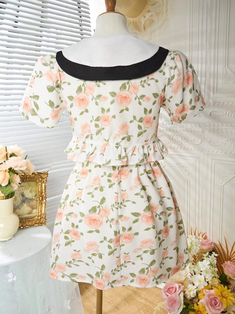 2pcs Ditsy Floral Textured Shirt With Layered Peter Pan Collar And Skirt Set, Suitable For Tween Girls' Photoshoots And Parties