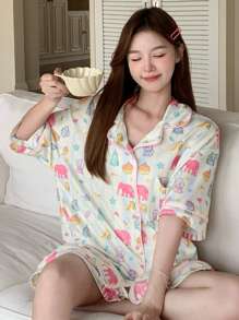 DAZY Bộ đồ ngủ Dopamine in hình chú voi dễ thương - màu xanh lá - Xem 5
