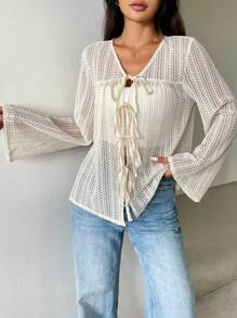SHEIN Essnce Summer Women's Beige Crochet Hollow-Out Long Sleeve Top Summer Top Tie Front