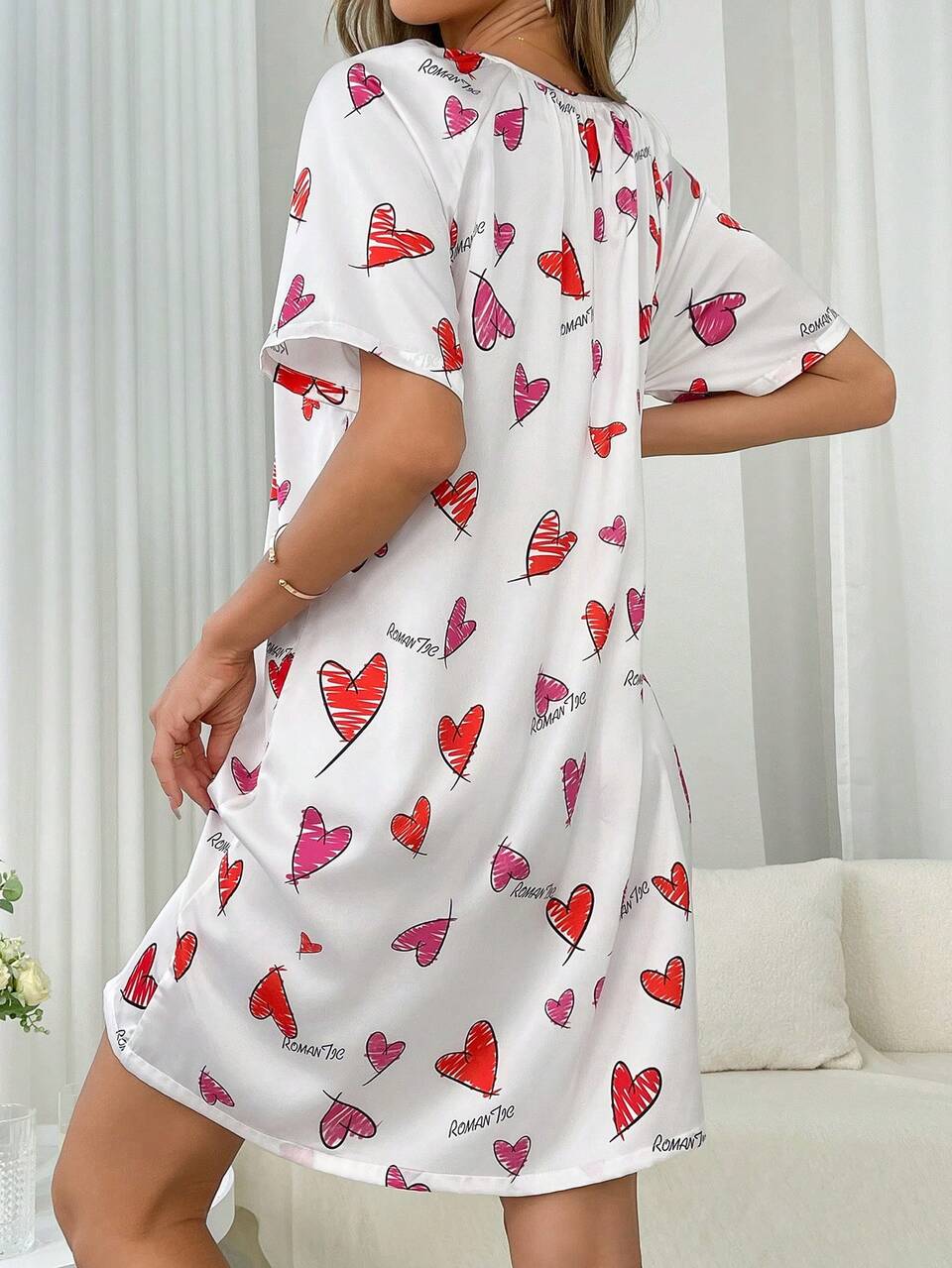 Women's Fashionable Heart Printed Short Sleeve Homewear Dress