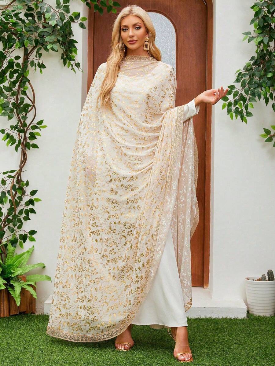 Conjunto Feminino de 2 Peças com Capa Bordada Floral, Kaftan Árabe Modesto de Manga Longa e Comprimento Máxi