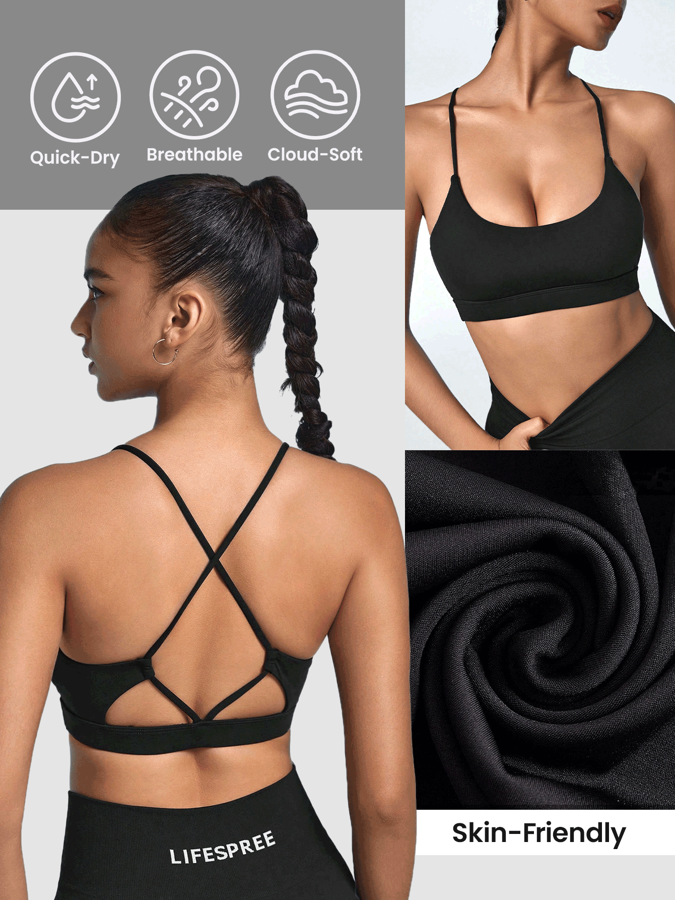 SHEIN Sports 女士單色交叉背運動胸圍 - 黑色 - 查看 3