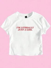 Flirla Plus Size T-Shirt Slogan Cropped Tee I'M LITERALLY JUST A GIRL Women Graphic Tee Top For Summer