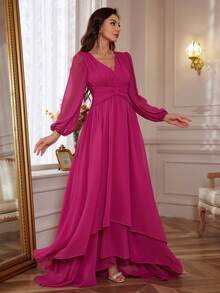Lantern Sleeve High Low Hem Chiffon Formal Dress - Hot Pink - View 4