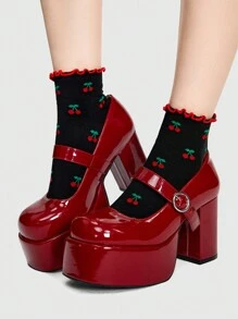 ROMWE Kawaii 1pair Women Black Frill Trimmed Cherry Mid-Calf Socks, For All Seasons