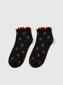 ROMWE Kawaii 1pair Women Black Frill Trimmed Cherry Mid-Calf Socks, For All Seasons