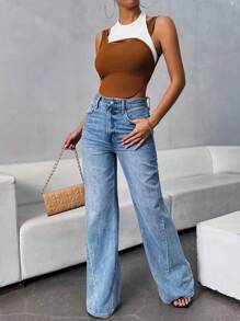 Calvaya Top de tanque sin espalda con tirantes de espagueti de bloque de color de moda para mujeres en verano