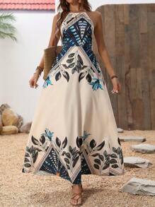 Breezaya Ladies' Sleeveless Backless Print Halterneck Dress For Summer Maxi Vacation Beach Outfits Women