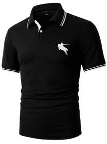 Manfinity Homme 男士夏季騎士印花條紋短袖休閒Polo衫，適用於工作與休閒 - 黑色 - 查看 4