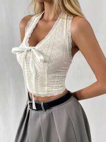 SHEIN Unity Camiseta sin mangas de cuello halter con encaje decorativo y tirantes decorativos para mujer, espalda descubierta - Beis - Ver 5