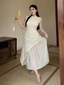 DAZY Vestido corto de manga corta con patchwork para mujer, vestido para boda