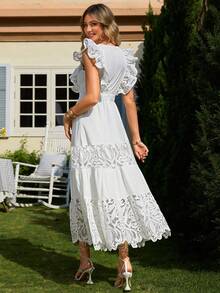 Simplee Women's Solid Color Mesh Splice Ruffles Fashion Dress - White - View 2