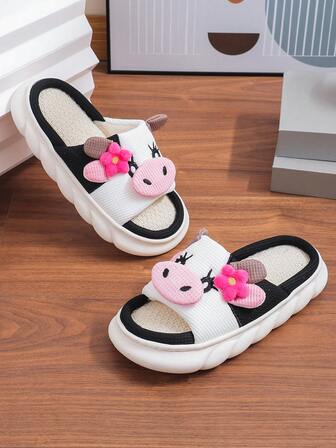 秋冬可爱亚麻牛拖鞋女士情侣防滑厚底室内拖鞋