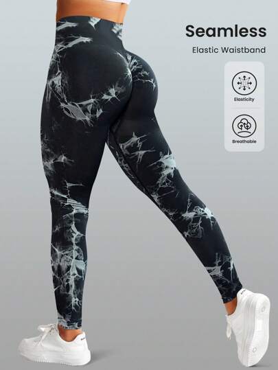Leggings de sport sans couture à motif tie-dye, très élastiques. Leggings sans couture taille haute pour femmes pour le sport. Doux au toucher, respirant, stretch 4 directions. Idéal pour la course, le cyclisme, le yoga, le pickleball, l'exercice et le casual.