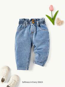 Cozy Pixies 寶寶女孩夏季波西米亞時尚可愛氣質褶邊高腰寬鬆軟牛仔褲，捲邊設計 - 淺色水洗藍 - 查看 1