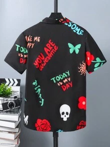 Teen Boys' Simple Printed Short Sleeve Shirt - Black - View 2