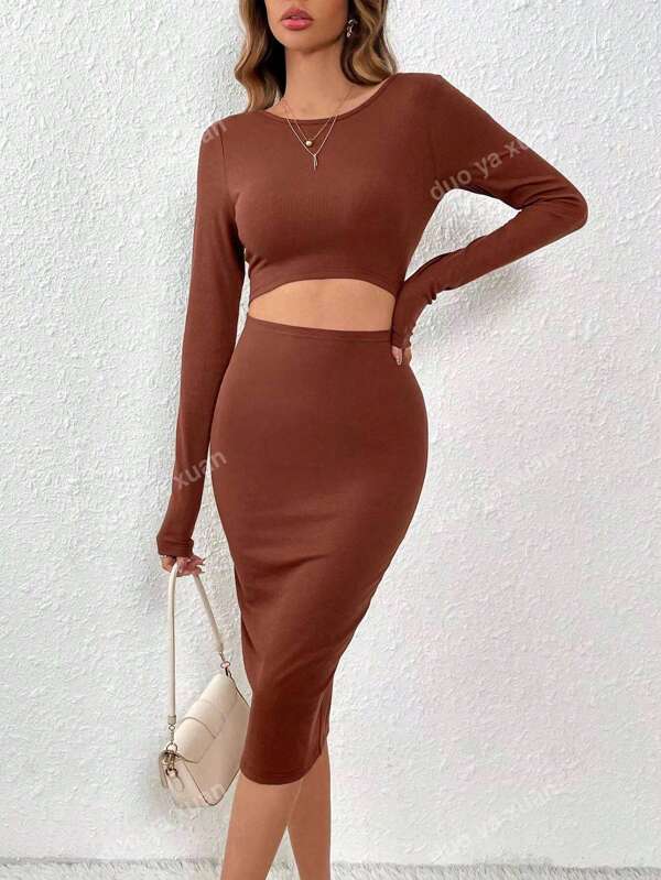 Women's Summer Casual Solid Hollow Out Slim Fit Long Sleeve Dress