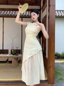 DAZY Vestido corto de manga corta con patchwork para mujer, vestido para boda