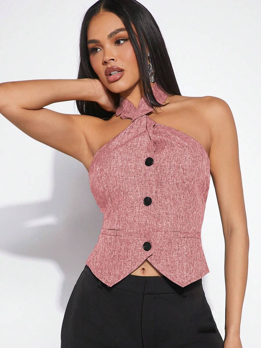 SHEIN Haute Twist Lapel Halter Button Up Vest - Pink - View 1