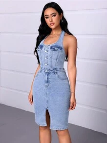 SHEIN Essnce Women's Solid Color Simple Daily Denim Sling Dress