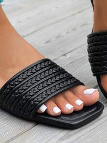 WRCVS Women's Summer Flat Sandals Solid Black Braided Strap Flat Slippers Sexy Party Beach Shoes With Square Toe For Travel,Holiday Essential - Multicolor - View 6