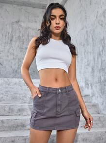 SHEIN EZwear Ladies' Plain And Simple Denim Mini Skirt For Daily Wear - Purple - View 4