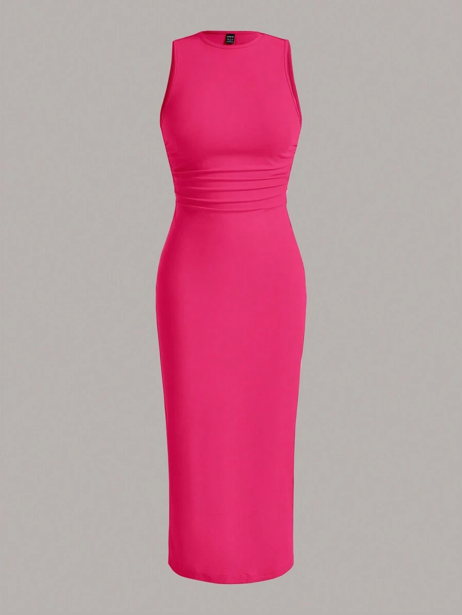 SHEIN EZwear Pink Round Neck Sleeveless Knitted Bodycon Dress, Summer - Hot Pink - View 1