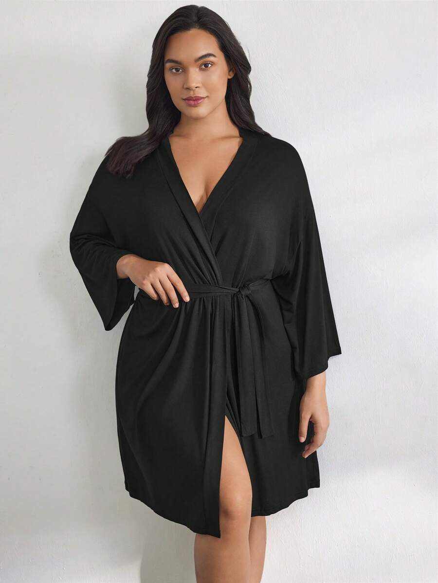 Ocili Leisure Smooth & Comfy Black Plus Size Long Sleeve Robe, For Fall & Winter, Cozy Outfit - Black - View 1