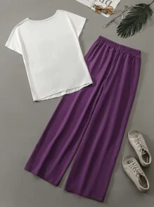 Seusyu Women's Simple Print Short Sleeve Top And Solid Color Shorts Casual Two-Piece Set 2 Pieces Set - Multicolor - View 2