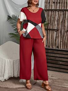 EMERY ROSE Conjunto de dos piezas para el verano de talla grande con top de mangas cortas con patrón geométrico y pantalones anchos de pierna