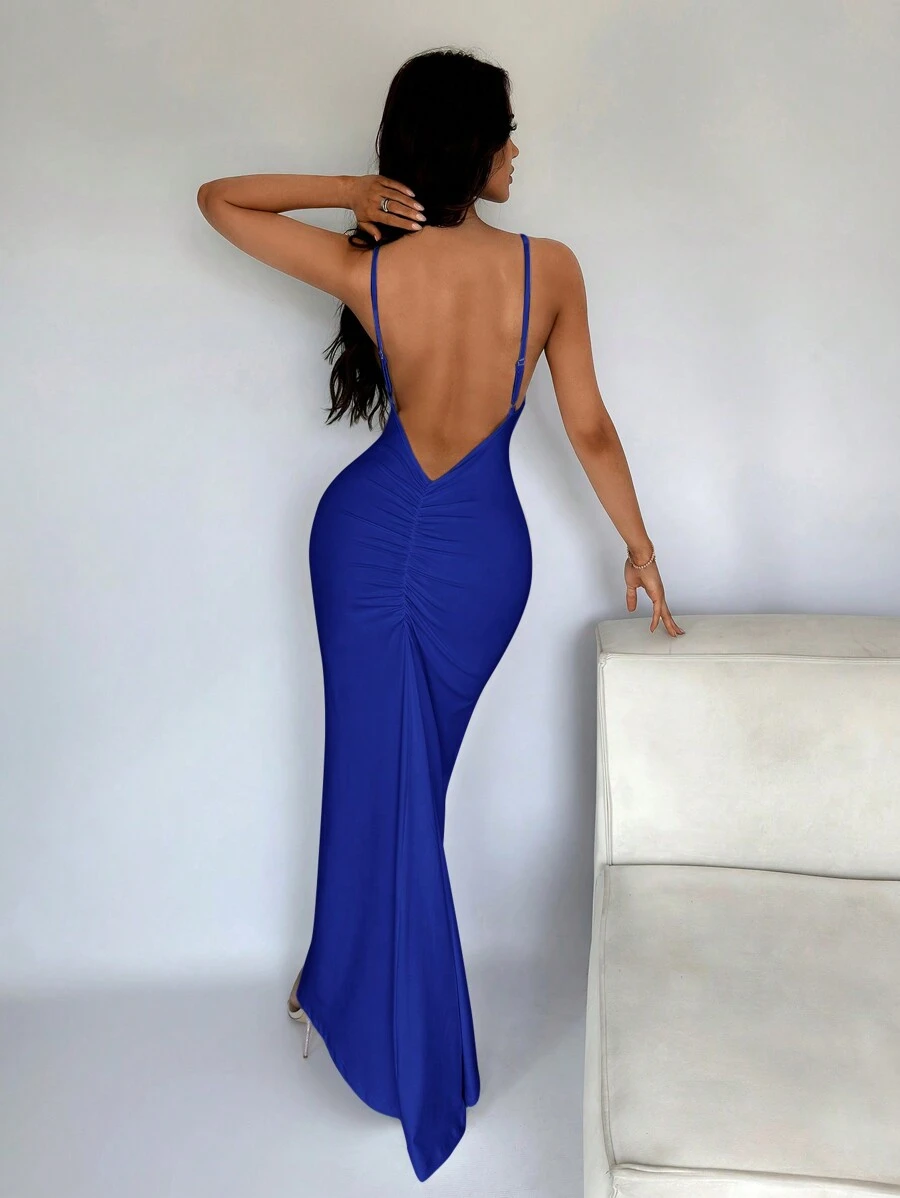 SHEIN SXY Summer Sexy Open Back Fishtail Blue Prom Dress - Royal Blue - View 1